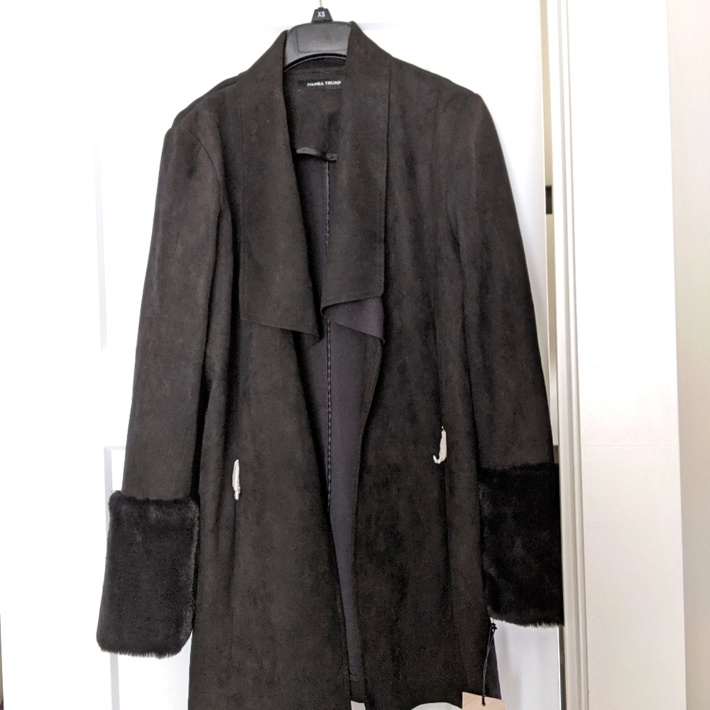 Ivanka Trump black suede faux fur cuffed jacket, gold hardware, XS